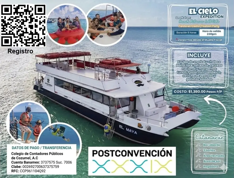Flyer oficial del evento postconvención El Cielo Expedition con QR de registro y detalles del paseo.